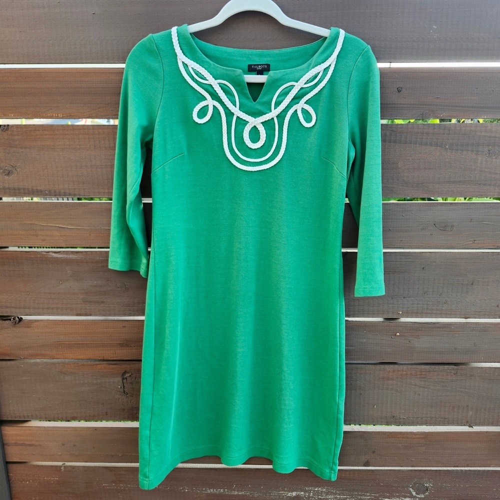 Talbots Petites Green Knit Dress White Rope Trim 3/4 Sleeve Career Casual Sz Sp‎